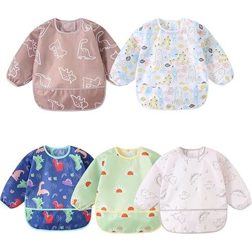 Long Sleeved Bibs,5 PCS Waterproof Wearable Bibs with Sleeves,Baby Feeding Smock 6-30 Months