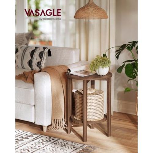 Boho 2-Tier Round Side Table - Rattan-Look Nightstand with Storage Shelf for Bedroom/Living Room, Space-Saving