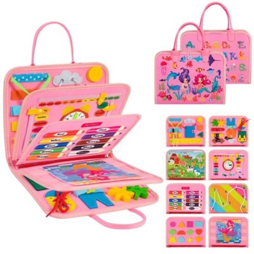 MOVSSOU Busy Board 8 in 1 Busy Book Montessori Toys for Toddler Sensory Toys Developing Sensory Board Travel Toys Pink