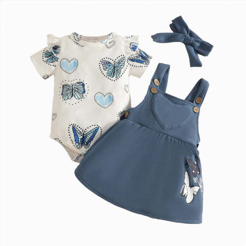 CAICJ98 Newborn Baby Girl Clothes Summer Outfits Short Sleeve Ruffle Romper Top Infant Skirt Set Little Girl Overall Dress (Navy,3-6 Months)