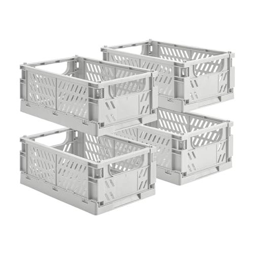 HUUSMOT 4-Pack Small Pastel Plastic Storage Baskets, Collapsible Crates for Organizing, Space-Saving Mini Bins for Classroom, Kitchen, Office, Bedroom (Grey, 9.8" x 6.5" x 3.8")