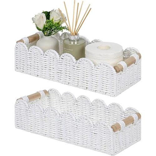 CubesLand Scalloped Edge Decor Basket for Living Room, Home, Bathroom, 2SAME SIZE Paper Rope Basket, Toilet Storage Baskets for Over Toilet Storage Shelf, Cozy Woven Baskets Both Storage&Decor, White