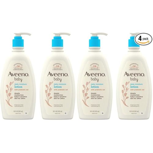 Aveeno Baby Daily Moisture Body Lotion for Sensitive Skin, Hypoallergenic Moisturizing Baby Lotion with Nourishing Oat to Deeply Moisturize Baby's Skin, Fragrance-Free, 18 fl. oz, (Pack of 4)