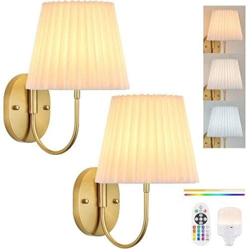 PASSICA DECOR Battery Operated Wall Sconces Set of 2 Premium Fabric Pleated Shade, Rechargeable LED Lights with 15 Colors, Remote Control, Timer for Bedroom, Living Room, Kids' Room