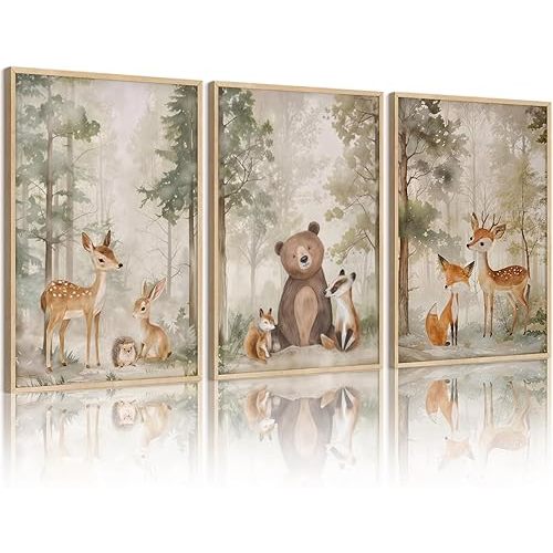 Woodland Nursery Wall Art Decor Animal Forest Canvas Prints Baby Boy Room Wall Decor Bear Nursery Nature Pictures Deer Prints Artwork for Boy Girl Kids Bedroom 12x16 Inch Unframed Set of 3