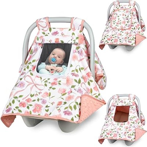 Baby Carseat Seat Cover Girls, Winter Carseat Canopy, Cozy & Warm Cover with Zipper Peep Windows, Infant Minky Carrier Cover, Soft Breathable, Baby Must Have, Pink Bow