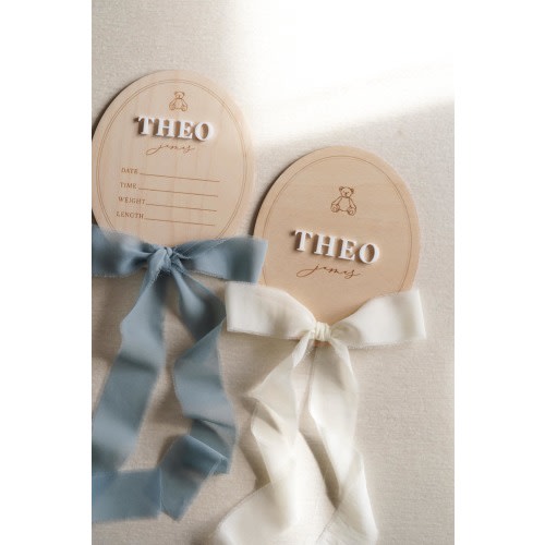 Newborn Birth Stat Sign: Teddy Bear Wooden Name Announcement Keepsake with Bow for Hospital