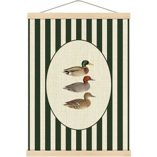 Boat Wades Mallard Duck Nursery Wall Art Poster Hanger Frame, Green and White Striped Mallard Redhead Ducks Wildlife Wall Decor for Kids Boys Room Nursery Playroom Home, 12x16 Inch