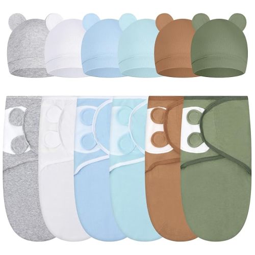6 Pack Swaddle Blanket with Hats for Baby Girl Boy 100% Cotton Swaddles 0-3 Months, Adjustable Breathable Skin Friendly Receiving Blanket Wrap, Essential for Newborns(Classic,Dark Color)