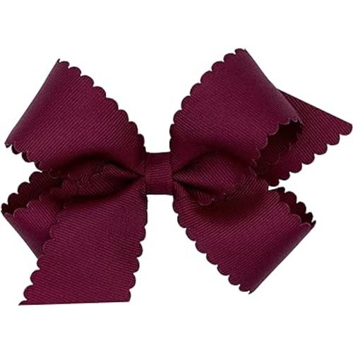 Wee Ones Girls' Classic Grosgrain Hair Bow with Scalloped Edges, No-Slip Hair Clip, Handmade, Burgundy, Medium