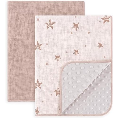 Susurration Baby Blanket for Unisex Boys Girls, 2 Pack Soft Fluffy Crib Blankets with Muslin Cotton Front and Dotted Fleece Back, Receiving Blanket for Baby Newborn Infant, 30x40inch, Pink Star&Sand