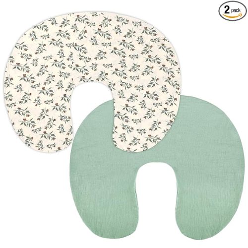 Hooyax Muslin Nursing Pillow Covers 2 Pack, Soft and Breathable Nursing Covers for Breastfeeding Pillows, Adorable Infant Feeding Pillow slipcover for Baby Boy and Girls (Green Leaf)