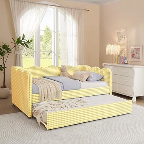 Yoglad Twin to King Size Daybed with Trundle, Plaid Linen Upholstered Day Bed Frame with USB Charging Port and Wave Backrest, Wooden Extendable Sofa Bed for Bedroom, No Box Spring Needed(Yellow)
