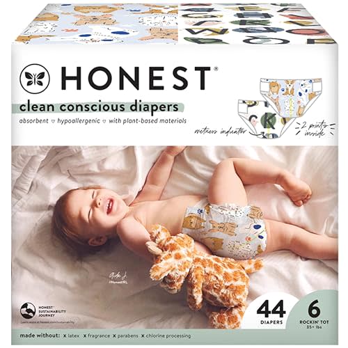 The Honest Company Clean Conscious Diapers | Plant-Based, Sustainable | All The Letters + It's a Pawty | Club Box, Size 6 (35+ lbs), 44 Count