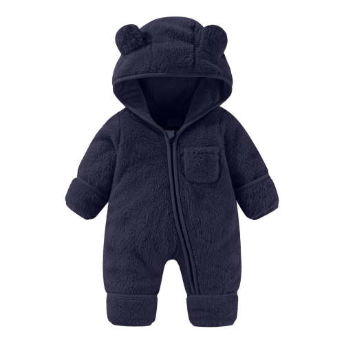 Baby Sherpa Onesie Cute Bear Ears Hooded Front Zipper Teddy Fleece Jumpsuit Infants Newborn Snowsuit Romper 0-12M (3-6 Months, Navy)