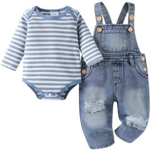 Baby Boy Clothes Newborn Suspender Overalls Ripped Jeans Long Sleeve Striped Romper Fall Winter Outfits 0-18 Months