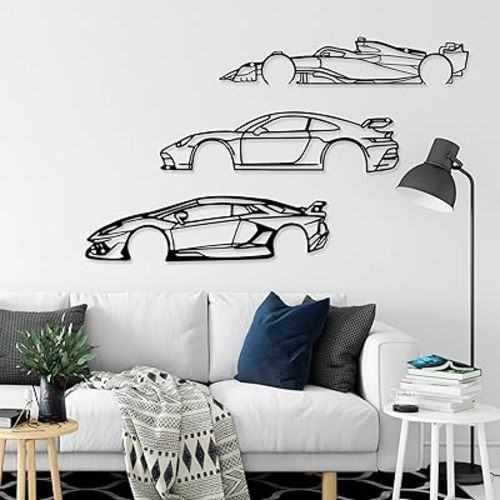 Xedatric Car Wall Art-Set of 3 Metal Racing Silhouette Decor for Indoor,Bedroom,Home,Man Cave,Gift for Car Lover Auto Enthusiast (19 Inches)