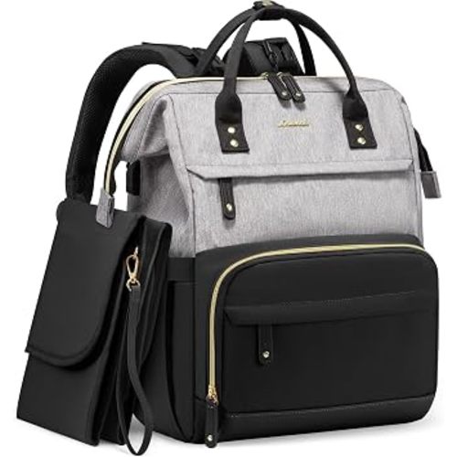 LOVEVOOK Diaper Bag Backpack, Baby Bag with Changing Station, Large Diaper Backpack for Mom Dads, Waterproof Leather Mommy Bag for Boy and Girl, Travel Essential Baby Shower, Black-Grey