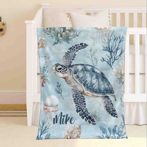 Sea Turtle Baby Blanket Ocean Animals Nursery Blanket Under The Sea Baby Shower Gift For Kids Name Toddler Throw Baby Swaddle