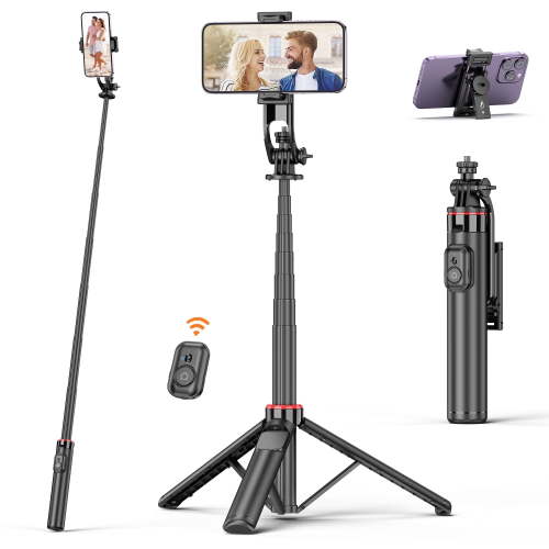 SelfieShow 52'' Extendable Phone Tripod, with Detachable Wireless Remote and 360° Rotation, Selfie Tripod for Iphone Android, Black