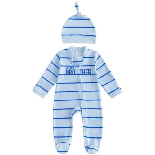 Little Brother Baby Boy Outfit Zipper Footies Striped Jumpsuit Hat