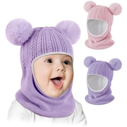 Baby Winter Hat Scarf Set 2 Pack, Toddler Beanie Hats Girl Boy with Neck Warmer, Beanie for Kids Knit Warm for Cold Weather