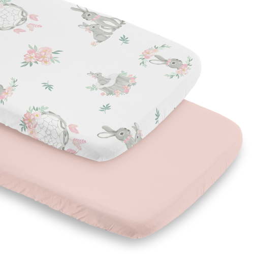 Sweet Jojo Designs Bunny Floral Girl Baby Bassinet Fitted Sheets Set 2 Piece