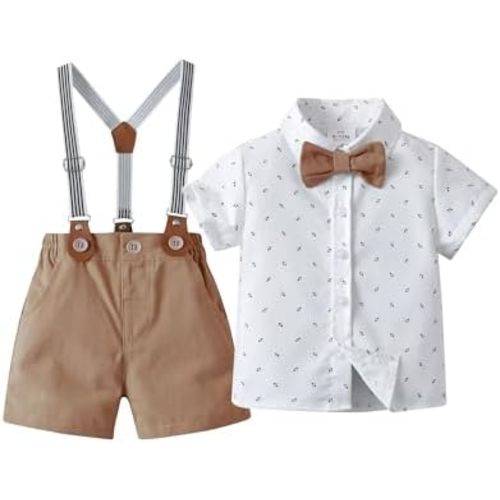 Baby Boys Gentleman Shorts Sets, Infant Outfits Suits, Shirt+Shorts+Bow Tie+Suspenders