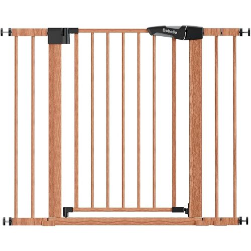 Mom's Choice Award Winner, Babelio 26-40" Metal Baby Gate with Wood Pattern, PressGuard C5 Easy Install Pressure Mounted Dog Gate for Stairs and Doorways, with Wall Protectors and Extension Kits