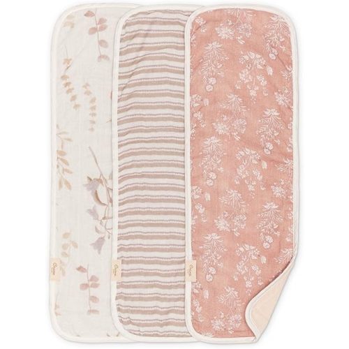 Crane Baby Violet Floral Cotton Muslin Burp Cloth Set, 3 Pack Baby Girl Burp Cloths, Absorbent 100% Cotton Muslin, Pink Burping Cloth for Baby Girl, Soft Burping Cloths for Newborn