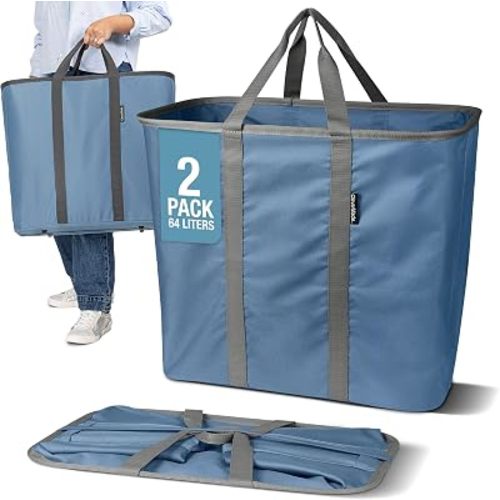 CleverMade Collapsible Laundry Caddy – Foldable Laundry Hamper & Tote, XXL 64L Pop-Up Laundry Basket with Handles, Space-Saving Laundry Organizer for Home, Dorm, Closet & Travel, 2 Pack - Denim Gray
