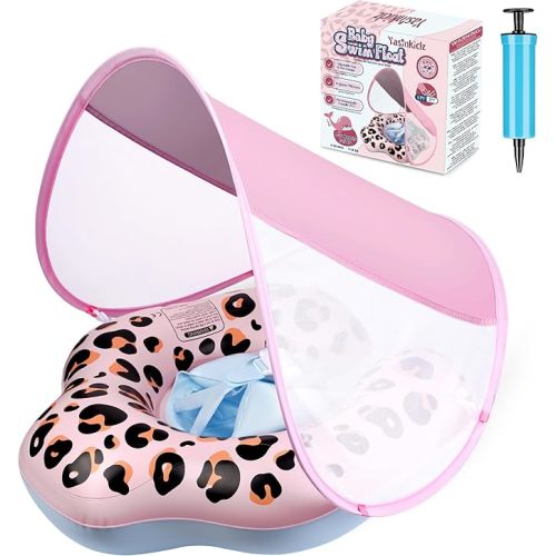 Baby Pool Float, Leopard Toddler Pool Float Baby Float with Canopy, Infant Pool Floats for Kids 6-36 Months(18-33 lbs)