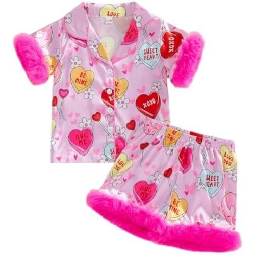 Kuriozud Kids Toddler Girl Valentines Pajamas Fuzzy Trim Satin Button Down Shirt Top and Shorts 2pcs Pjs Sets Sleepwear
