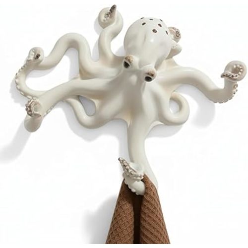 Comfy Hour 9" Decorative Octopus Wall Hook, White Coastal Ocean Theme Single Key Hanger, Artisan Crafted Polyresin Sea Life Sculpture for Bathroom and Entryway, 1 Unit