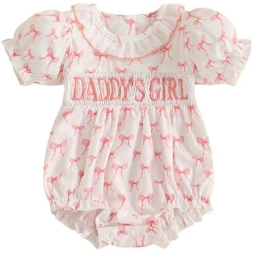 Newborn Baby Girl Romper Bow Embroidery Short Sleeve Pleated Smock Bubble Romper Jumpsuit Bodysuit Summer Clothes