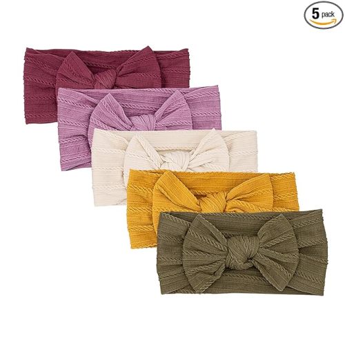 Parker Baby Cable Knit Nylon Headbands 5 Pack | Soft, Stretchy & Comfortable Bows for Girls | Adjustable, Soft to Touch & Knotted Headbands for Baby Girls | Baby Headwraps for Girls | Multiple Colors