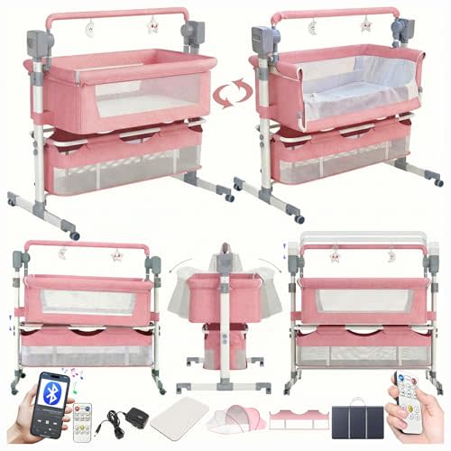 Electric Bluetooth Smart Baby Bedside Crib, Bassinet for Co-Sleeping, Infant Bedside Sleeper Cot, Convertible Foldable Baby Crib with Remote Control, Music and 5 Swaying Gears (601 Pink)