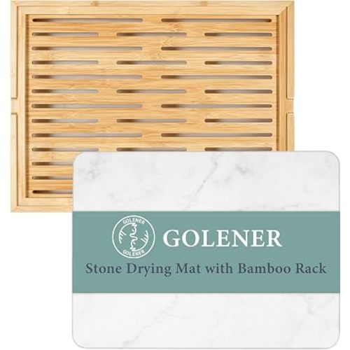Stone Drying Mat for Kitchen Counter, Dish Drying Pad with Bamboo Rack, Super Absorbent Diatomaceous Earth and Drying Rack, Multi-purpose Quick Drying Mat Rack for Kitchen,Marble White,16”x12”