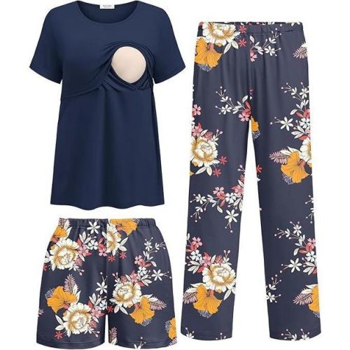 Ekouaer 3 Piece Postpartum Nursing Pajamas Set Short Sleeve Breastfeeding Shirts Pregnancy Shorts & Pants Maternity Pjs Navy Blue Floral M