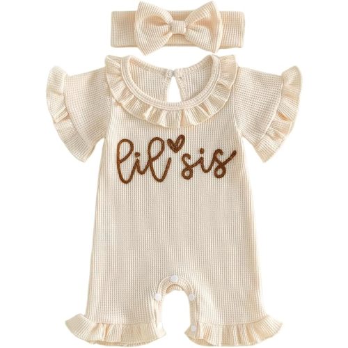 allshope Newborn Baby Girl Summer Outfit Romper Little Sister Lil Sis Embroidery Ruffle Collar Jumpsuit Infant Waffle Clothes