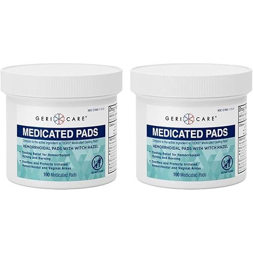 GeriCare Medicated Cooling Pads with Witch Hazel, for Soothing Itch, Discomfort and Burning, Pre-Moistened Pads Ideal for Sensitive Areas, 100 Count (Pack of 2)