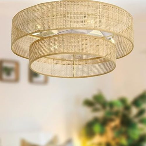 20 inches Flush Mount Bamboo Wicker Boho Ceiling Fan with Light,Bladeless Enclosed Low Profile Fandelier for Indoor Bedroom Kitchen