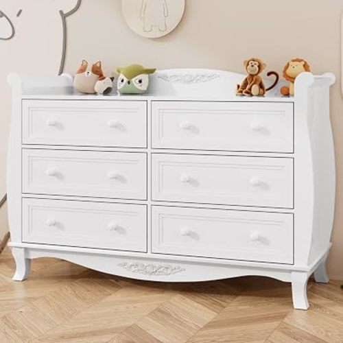 White Changing Table Dresser with 6 Drawers, Large Baby Nursery Dresser