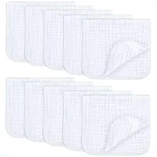 Comfy Cubs Muslin Burp Cloths 20" x 10", Pack of 10 - Large, 6-Layer, Ultra Absorbent 100% Cotton for Baby Drool and Messes - Soft, Safe & Gentle Baby Burp Cloths for Boys & Girls - White