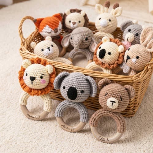 Custom Animal Rattle,Personalized Baby Crochet Rattle, Newborn Baby Gift, Baby Shower Gift, Wooden Rattle Toy, Rattle Ring with Name