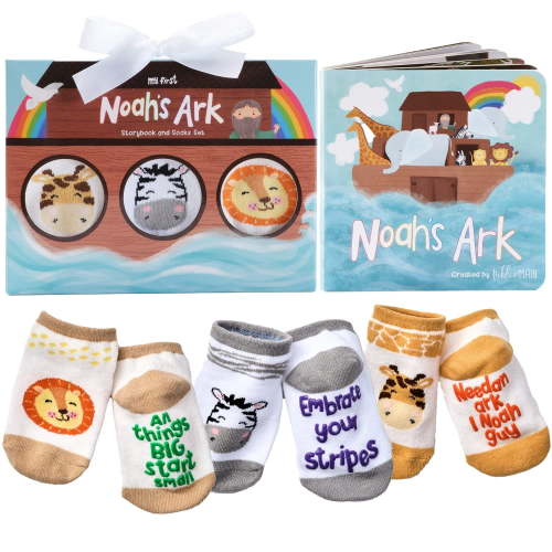 Tickle & Main Noah’s Ark 4-Piece Gift Set for Infants 0-12 Months, Includes Storybook and 3 Pairs of Animal Socks Noah Arc Noahs Ark Book for Baby…
