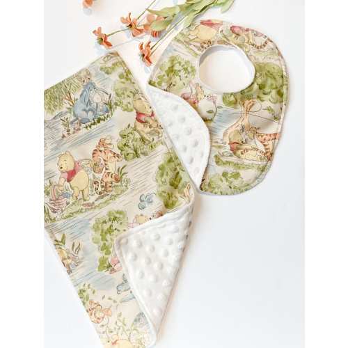 Baby toddler Bib & burp cloth bunny ear teether made from tan Winnie the Pooh fabric gender neutral Cotton and Minky baby shower gift bundle