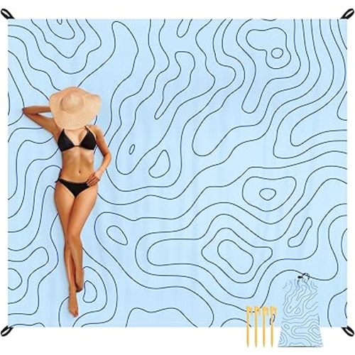 110''×118'' Beach Blanket for 2-8 Adults, Polyester Waterproof Sandproof Beach Mat with 4 Stakes & Storage Bag, Oversized Compact Foldable Blue Outdoor Pocket Blanket for Picnic, Travel, Camping