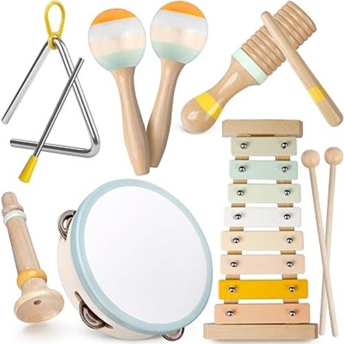 Baby Musical Instruments - Neutral Colors Musical Toys for Toddlers 1-3, Montessori Wooden Percussion Instruments Set with Modern Boho Xylophone Tambourine, Kids Preschool Educational Birthday Gifts