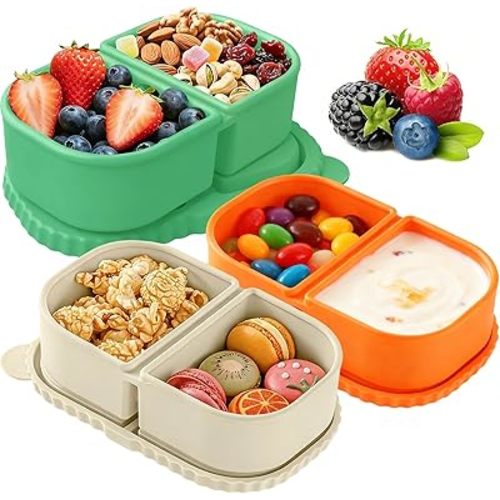 RAYBIN 3 Pack Reusable Silicone Snack Containers with Lids, 2 Compartments Leak-Proof Snackle Box Containers,Silicone Food Storage Containers for Office,School,Picnic - BPA Free (White,Green,Orange)